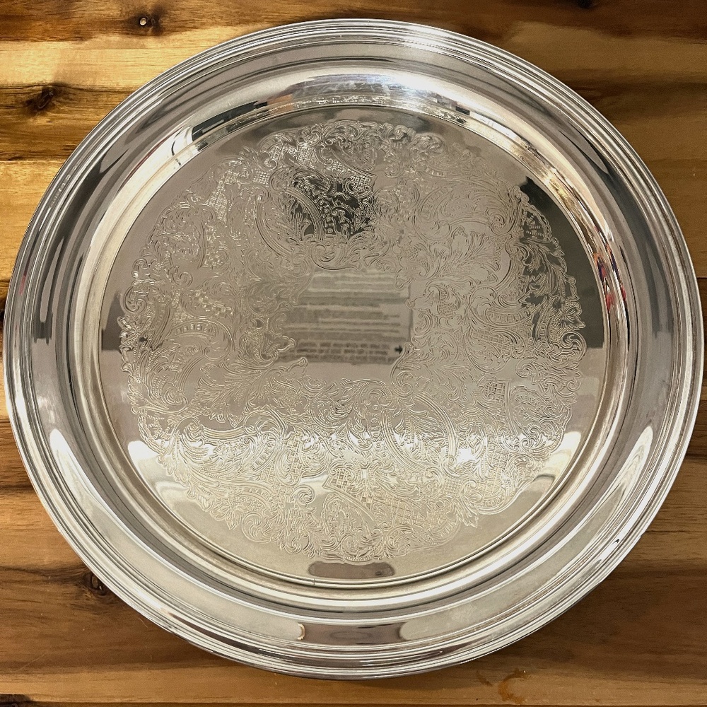 Vintage Oneida Engraved 12" Round Silverplate Serving Platter Tray Made In USA